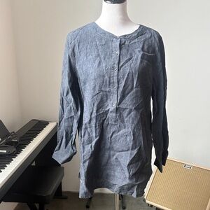 💯 linen EILEEN FISHER SLATE Gray BLUE LINEN BUTTON DOWN Medium